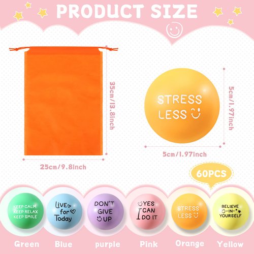 Wettarn 60 Pieces Motivational Stress Balls 1.97 Inch Inspirational Anxiety Stress Relief Balls with Quotes Encouraging Colorful Foam Balls Hand Exercise Squeeze Fidget Accessory (Pastel Colors)