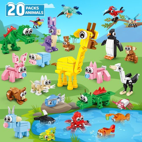HOGOKIDS 20 Packs Party Favors for Kids, 60 Kinds of Mini Animals Toy Building Block Set for Classroom Prizes Goodie Bag Stuffers Christmas Valentines Easter Birthday Gift for Boys Girls Ages 6-12+