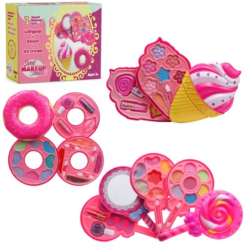 DRESS 2 PLAY Kids Makeup Kit for Girls - Princess Real Washable Make Up Set - 3 in 1 Makeup Kit for Toddlers - Cosmetics Pretend Playset Toy with Lollipop, Ice Cream, and Donut Makeup Palettes