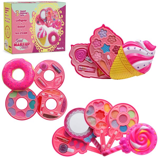 DRESS 2 PLAY Kids Makeup Kit for Girls - Princess Real Washable Make Up Set - 3 in 1 Makeup Kit for Toddlers - Cosmetics Pretend Playset Toy with Lollipop, Ice Cream, and Donut Makeup Palettes