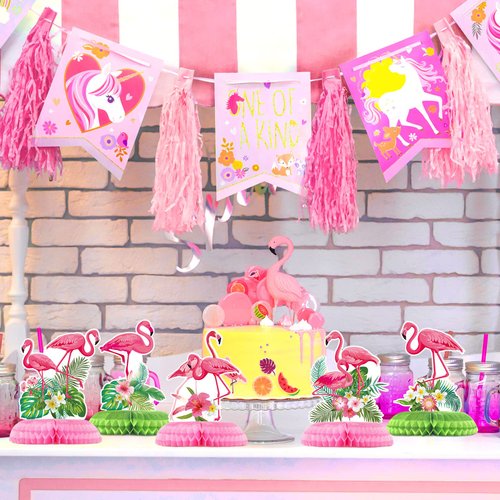 Funtery 9 Pcs Flamingo Centerpieces for Tables Hawaii Luau Honeycomb Centerpieces Flamingo Party Decorations Tropical Aloha Party Table Topper for Kid Flamingo Birthday Party Supplies Table Decoration