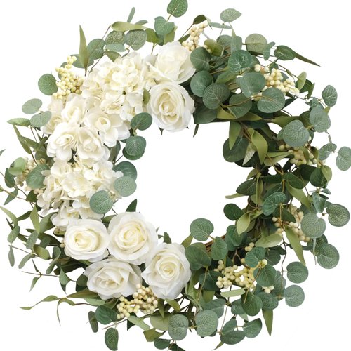 TEMPUS 20" Hydrangeas Spring Wreath for Front Door, Artificial Summer Green Wreaths with White Peony Flowers for Farmhouse Home Wedding Party Wall Windows Outdoor Decor（White）