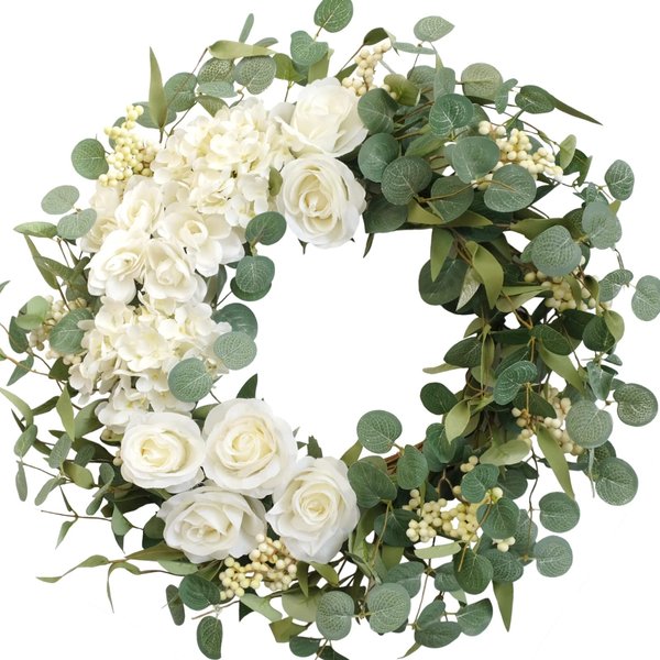 TEMPUS 20" Hydrangeas Spring Wreath for Front Door, Artificial Summer Green Wreaths with White Peony Flowers for Farmhouse Home Wedding Party Wall Windows Outdoor Decor（White）
