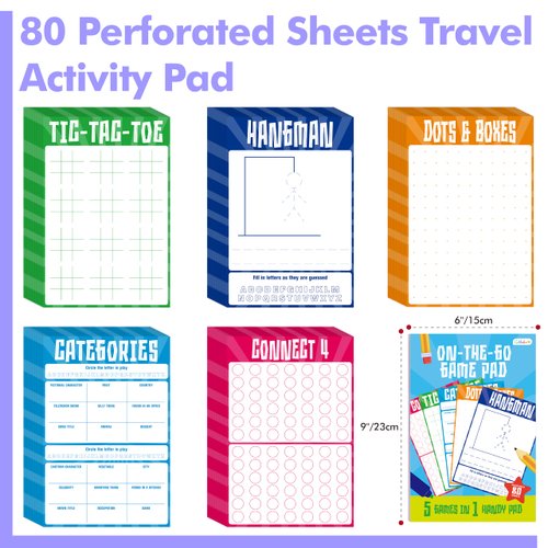 On The Go Game Pad, 80 Perforated Sheets Travel Activity Pad, 5 Games in 1 Plane Trip Pen Pencil & Paper Game(6” x 9”)