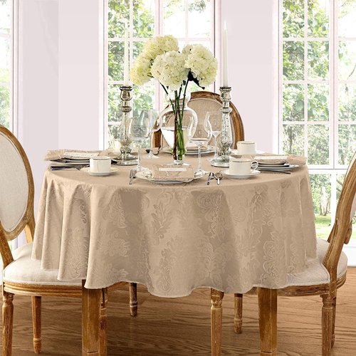 Newbridge Barcelona Luxury Damask Fabric Tablecloth, 100% Polyester, No Iron, Soil Resistant Dining Room, Party and Banquet Tablecloth, 108 Inch Round, Golden Beige
