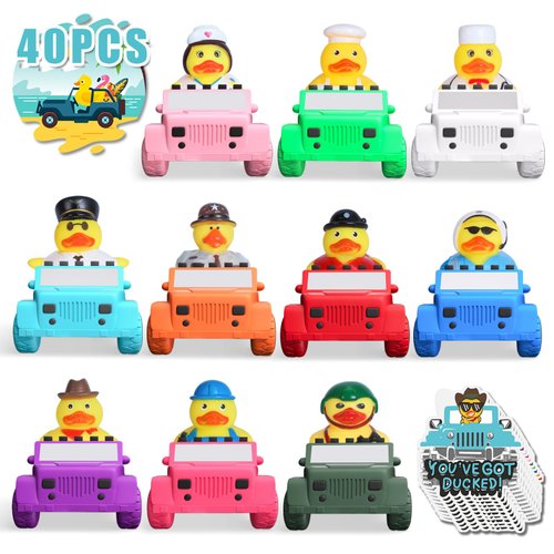 40Pcs Rubber Duck for Jeeps Ducking Set Include 10pcs Rubber Cruise Ducks, 10pcs 3.9 Inch Jeeps, 10pcs Tags and 10pcs Rubber Bands, Bulk Ducks Set for Bath Toy