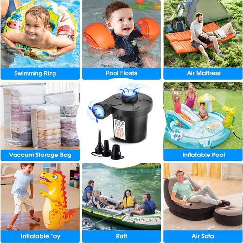 Electric Air Pump, Portable Quick-Fill Air Mattress Pumps for Inflatable Cushions with 3 Nozzles, 110V AC/12V DC, Inflator/Deflator for Outdoor Camping, Air Sofa, Boats, Pool Toys, Pool Floats, Airbed
