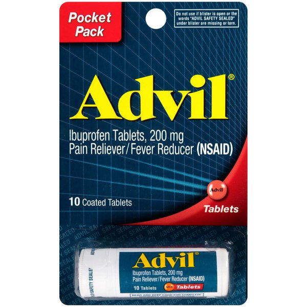 Advil Coated Tablets Pain Reliever and Fever Reducer, Ibuprofen 200mg, 12 x 10 Count, Travel Size Bottle