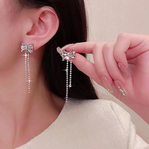 Sttiafay Vintage Bow tennis chain Drop Earrings Long Crystal Chain Earrings Silver Bow Cz Tassel Earrings Sparkly Cz Bowknot Stud Earrings Jewelry for Women