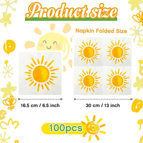Yeaqee 100 Pieces Sun Party Napkins Sunshine Napkins First Trip Around the Sun Napkin for Sun Theme Party Favors Disposable Luncheon Napkins for Boho Birthday Party Wedding Supplies