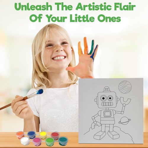 Misco Toys Canvas Paint Party Kits, 11 Piece Art kit Pre-Drawn Outline Canvas for Paint and Sip 8 Colors and Brush Included, Great Gift for Kids 4+ and Adults Too! (Robot)