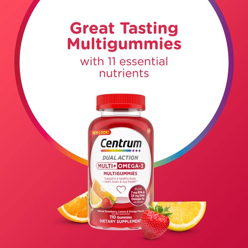 Centrum MultiGummies Multi+ Omega 3 Dual Action, Adult Multivitamin, Multivitamin/Multimineral/Omega 3 Supplement, Strawberry/Lemon/Orange Flavors - 110 Count