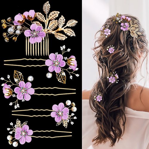 XIELIME 5PCS Bridal Flower Wedding Hair Pins Purple Pearl Hair Clips Gold Leaf Flower Hair Accessories for Brides Bridesmaids Women Girls Updo