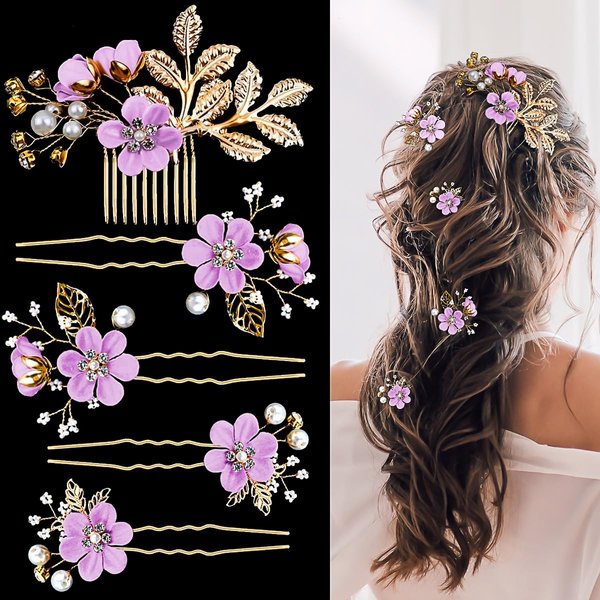 XIELIME 5PCS Bridal Flower Wedding Hair Pins Purple Pearl Hair Clips Gold Leaf Flower Hair Accessories for Brides Bridesmaids Women Girls Updo
