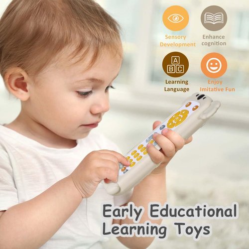 KOESMG Baby TV Remote Control Toy with Soft Silicone Teether Cover, Musical Realistic Play Remote Toy with Light and Sound, 3 Language Educational Learning Toy for 6M+ Boy and Girls