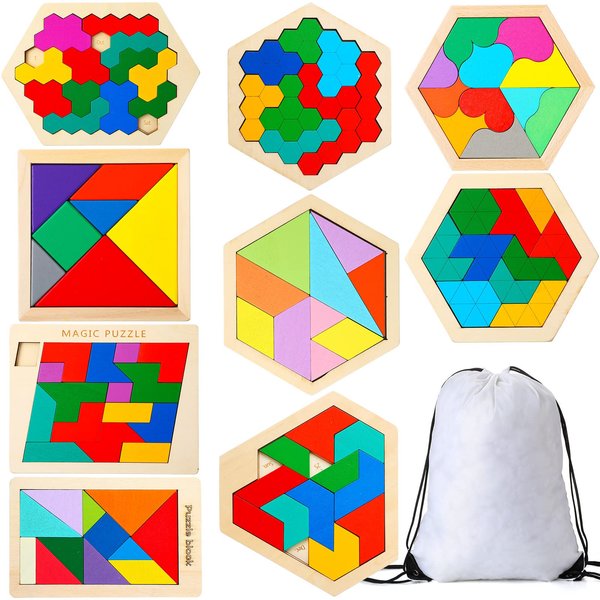 Sratte 9 Pcs Wooden Hexagon Puzzle for Kid Shape Pattern Block Brain Teaser Puzzles Geometric Tangram Wood Block Puzzle Logic Brain Games with Storage Bag Intelligence Brain Teasers Toy for Adults