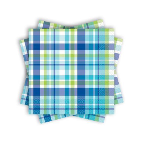 Amscan Decorative Caribbean Plaid Party Beverage Paper Napkins (16 Pack), 5 x 5, Blue