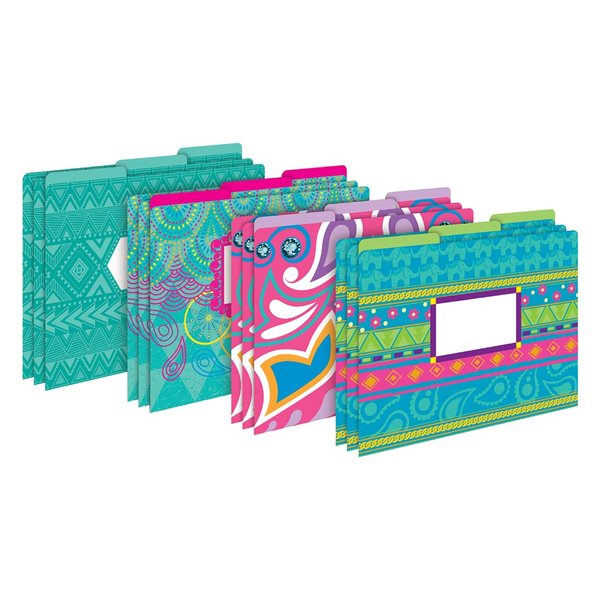 Barker Creek Designer File Folders, Bohemian, Multi-Design, Playful Patterns on Outside, Solid Colors on Inside, Letter Size, 1/3 Cut Tabs, Home, School and Office Supplies (1339), 12pt Cardstock