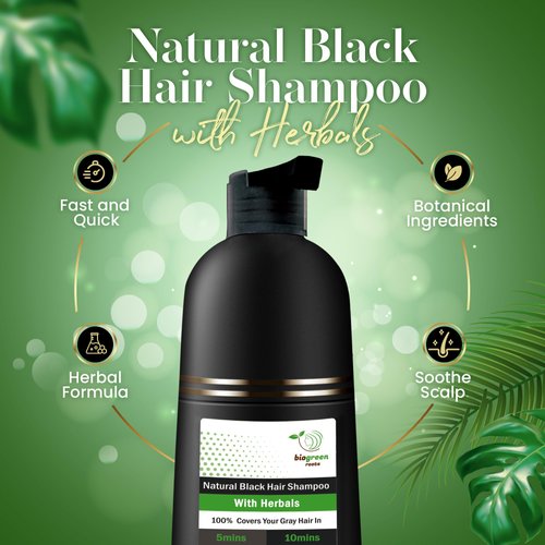 BIOGREEN ROOTS Ammonia-Free Herbal Hair Shampoo - Covers Gray Hair for Men and Women - Natural Color & Nourishment - No Skin Stains - Natural Black (200 ml)