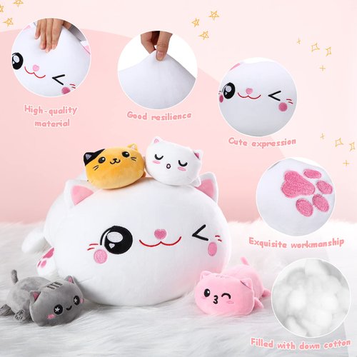 Libima 5 Pcs Cat Stuffed Animal with Plush Kittens Inside Mommy Cat Plush with 4 Cute Fluffy Kittens in Mommy Cat's Belly for Valentine's Day Surprise Gifts Birthday Party Favors