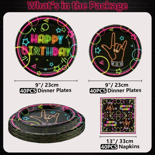 Glow Neon Party Supplies - Glow in the Dark Happy Birthday Plates and Fluorescent Napkins for Blacklight Neon Party Decorations, Serves 40 Guests