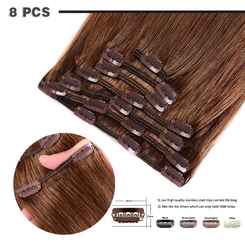 12" Remy Clip in Hair Extensions Human Hair Light Brown for Women Beauty - Short Silky Straight 8pcs 20clips Real Hair Extensions Clip In Human Hair (12 inch 100g #6 Light Brown)
