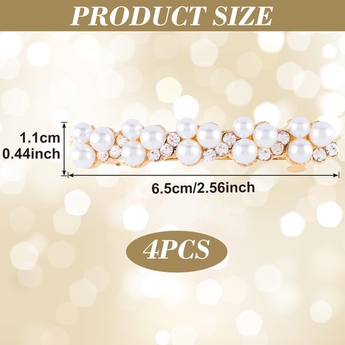 Isslly 4PCS Pearl Hair Clips, White Pearls Rhinestones Hair Barrettes, Gold Plated Sanp Clips, Elegant Pearl Hair Pins for Women, Girls, Brides, Suitable for Wedding, Daily Use
