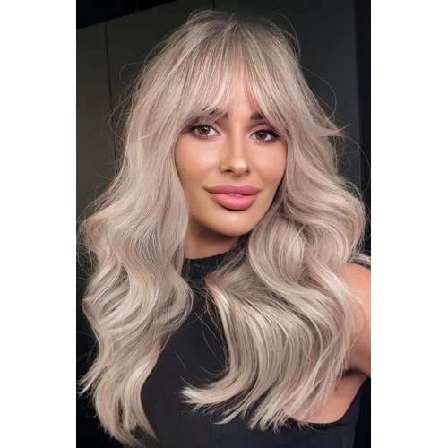 LANOVA Bang Wig Synthetic, Ash Blonde Wig with Bangs, Ombre Blonde Wig for Women, Glueless Synthetic Hair Light Blonde Wavy Wig with Bangs, 22 inch, LANOVA-167