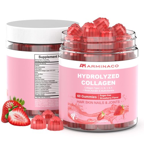 ARMINACO Collagen Gummies for Women – Low Sugar, Strawberry Flavor, Type I II III V X Collagen with Biotin, Vitamin C D B12 Zinc – Hydrolyzed Peptides for Hair Skin Nails Joints – 2 Pack (120 Gummies)