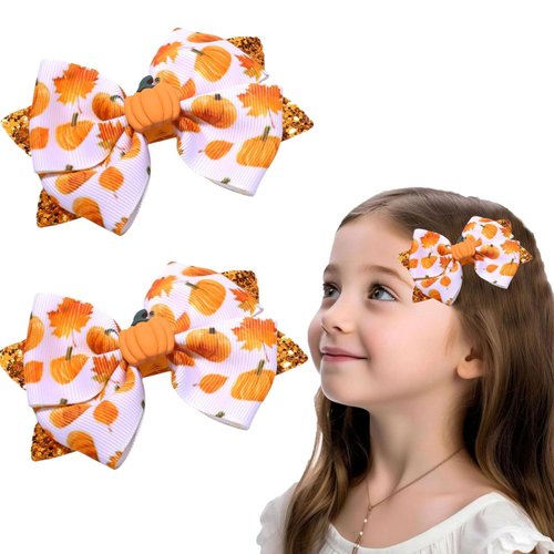 Vsdski Fall Bow Hair Clips Cute Pumpkin Hairpins Orange Glitter Bow Hair Accessories for Women Girls Thanksgiving Hair Bow clips Grosgrain Ribbon Alligator Hair Barrettes for Autumn Party Decor 2PCS