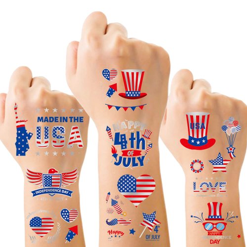 Fourth of July Decorations Temporary Tattoos, 8 Sheets Waterproof Independence Day Fake Tattoos Stickers Patriotic Memorial Day American Flag Body Tattoos Parade Party Supplies for Women Kids