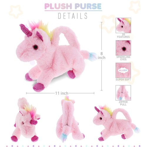 DolliBu Pink Unicorn Plush Handbag - Super Soft Plush Stuffed Animal Purse for Children's Accessories, Kids Hand Bag Toy Purse, Fluffy Dress Up Toy Purses for Girls and Boys - 11 Inches