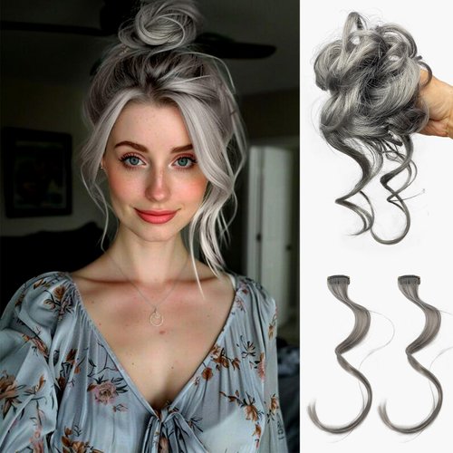 VANANGA Messy Hair Bun with Bangs Set 3 PCS, Dark Grey Synthetic Hair Claw Clip Messy Bun and Long Side Curly Air Bangs Clip in Ponytail Bun & Bangs Set Hair Piece for Women (#Dark Grey)