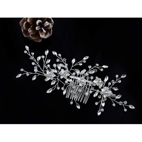 Alilang Silver Tone Zirconia Cubic Czech Crystal Rhinestone Rustic Floral Leaves Bridal Prom Hair Comb
