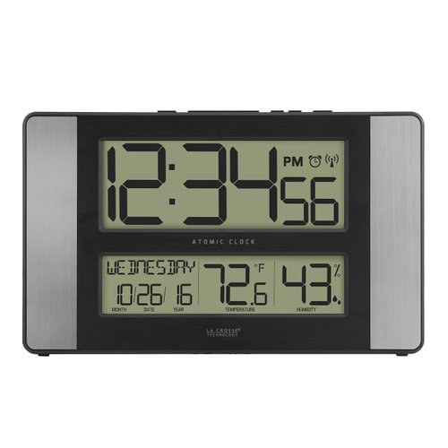 La Crosse Technology 513-1417H-AL-INT Atomic Clock with Temperature & Humidity, 11.10" L x 1.14" W x 6.61" H, Grey/Black