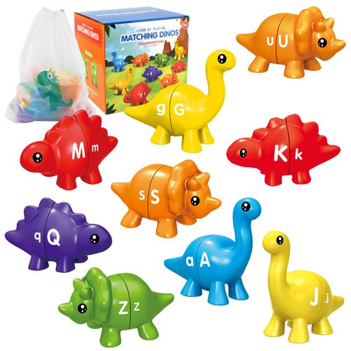 LUYITOM Christmas Party Games 26 Pcs Alphabet Learning Dinosaur Toys,Uppercase Paired Lowercase Matching Letters Color Sorting Fine Motor Toy, Montessori Toys for Kids for 2-5 Boys Girls
