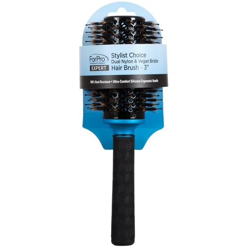 ForPro Professional Collection Expert Stylist Choice Dual Nylon & Vegan Bristle Hair Brush, 100% Heat Resistant, Silicone Ergonomic Handle, 3" Round Brush, Matte Blue