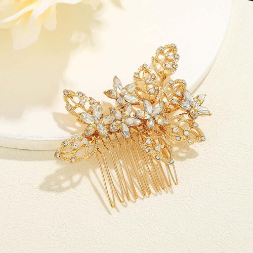 Catery Crystal Bride Wedding Hair Comb Gold Side Comb Leaf Bridal Hair Piece Flower Hairpiece Wedding Hair Accessories for Women and Girls