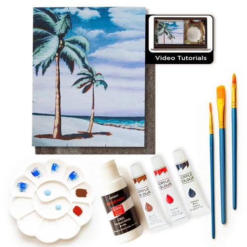 DIY Painting Class Kit for Adults: Learn to Paint This Palm Paradise with Video Tutorials – How to Paint with Acrylics – Painting & Art Supplies – 9 Piece Acrylic Paint Set