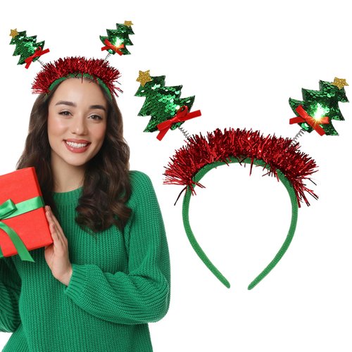 Xepeelo Christmas Tree Headbands Happy Christmas Hairbands Green Glitter Hair Hoop Bow Red Ribbon Design Xmas Hair Band Festival Headwear Hair Accessories for Christmas Party