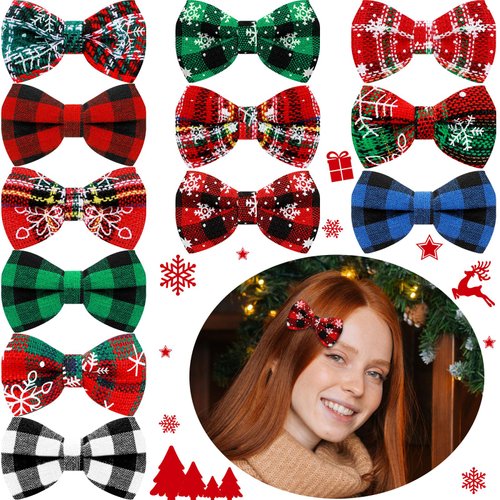 Luinabio 24 Pieces 3.2 Inch Christmas Hair Bows for Girls Buffalo Plaid Ribbon Christmas Hair Cli...
