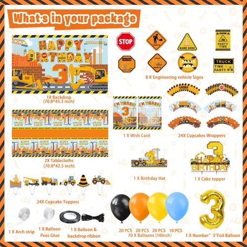 Construction Birthday Party Supplies for 3, 136 Pcs Dump Truck Party Decorations for Boys Baby,Backdrop, Banner, Cake, and Cupcake Toppers, Balloons, Party Traffic Signs, Tablecloth