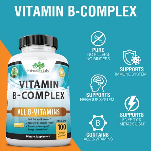 NaturaLife Labs A Higher Standard Vitamin B Complex with Vitamin C and Folic Acid - B12, B1, B2, B3, Vitamin B5 Pantothenic Acid, B6, B7, B9 - Nervous System Support 100 Veggie Capsules