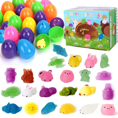 24PCS Easter Basket Stuffers with Squishy Toys, Prefilled Easter Eggs with Glitter Mini Soft Animals for Easter Theme Party Favor, Easter Eggs Hunt, Basket Filler.