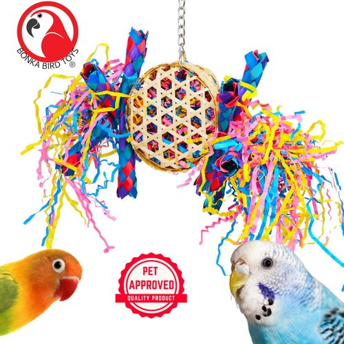 Bonka Bird Toys 1721 Round Basket Bamboo Paper Crinkle Beak Feet Hanging Forage Stuffed Shredding Foraging Pulling Colorful Parrot Parrotlet Finch