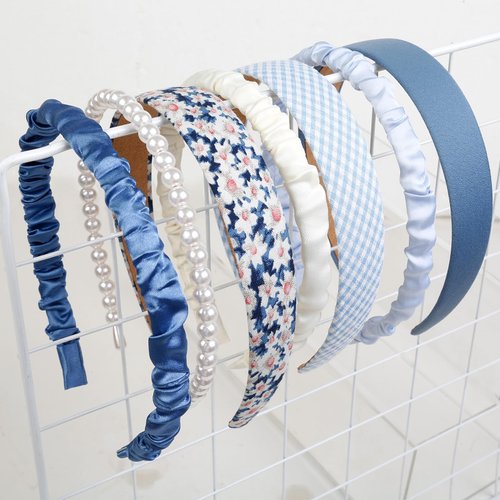 AIBFRID 7 PCS Fashion Headbands for Women Floral Vintage Wide Headband Cute Pearl Head Band Twisted Blue Hair Bands for Girls Hair Non Slip Hair Accessories