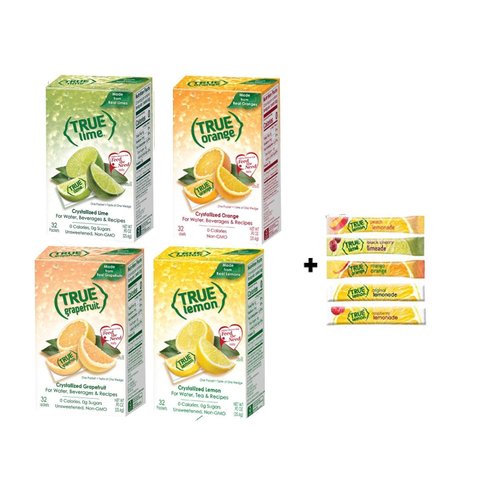 True Lemon, Lime, Orange & Grapefruit 32ct (4bx 32ct each) plus FREE sample packs of True Lemon Original Lemonade, Mango Orange, Peach Lemonade, Black Cherry Limeade, and Raspberry Lemonade