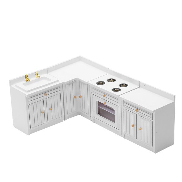 Miniature Furniture Dollhouse Kitchen Cabinets Set 1:12 Scale Wooden Model Freely Combined 4PCS Mini House Accessories Furnishings Kit Decoration Gift (White)