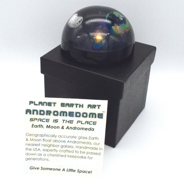 Shasta Visions Art Glass Paperweight-Planet Earth, Moon, Andromeda Galaxy-3 Inch Andromedome