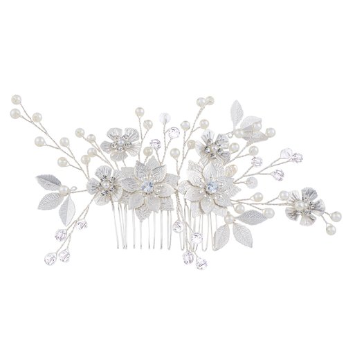 Alilang Womens Silvery Flower Leaves Pearl Bridal Wedding Headpiece Accessory Crystal Rhinestone Hair Side Comb
